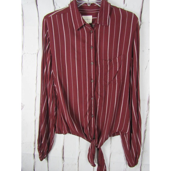 American Eagle Outfitters Tops - American Eagle Women's Burgundy & White Striped Casual XS Shirt